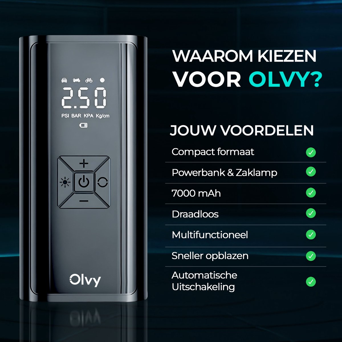 Zwarte draagbare luchtcompressor met digitaal display en lijst met voordelen.