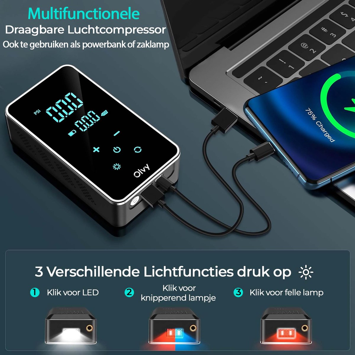 Een zwarte draagbare luchtcompressor laadt een telefoon op naast een laptop.