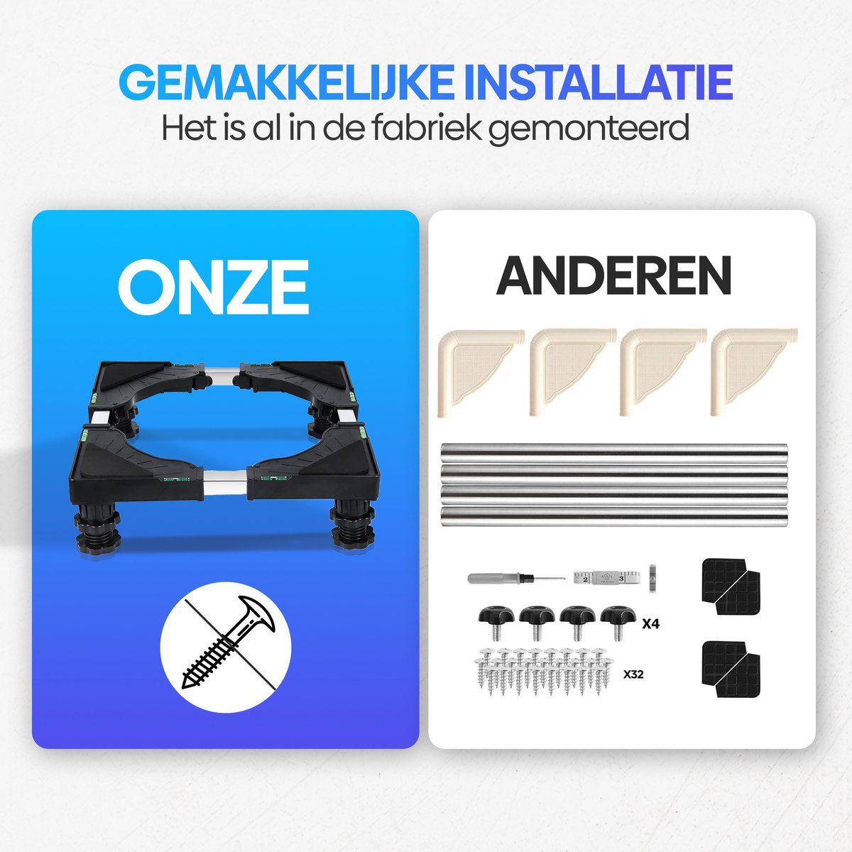 Een verstelbare zwarte basis met vier poten en montageaccessoires.
