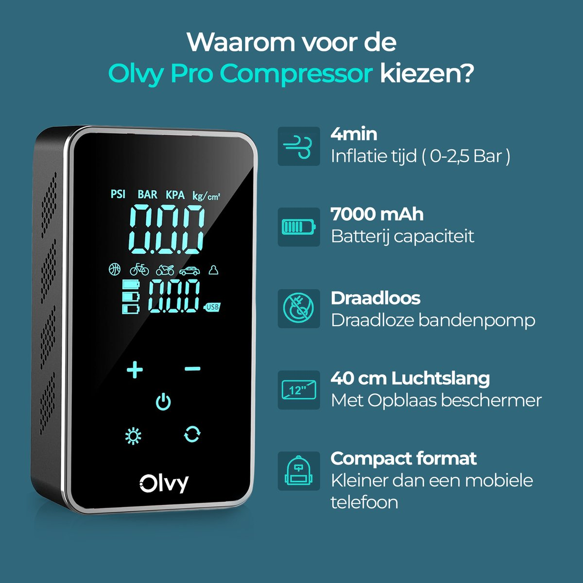 Digitale compressor met LCD-scherm dat bandenspanning toont. Kenmerken: 4 min inflatie, 7000 mAh batterij.