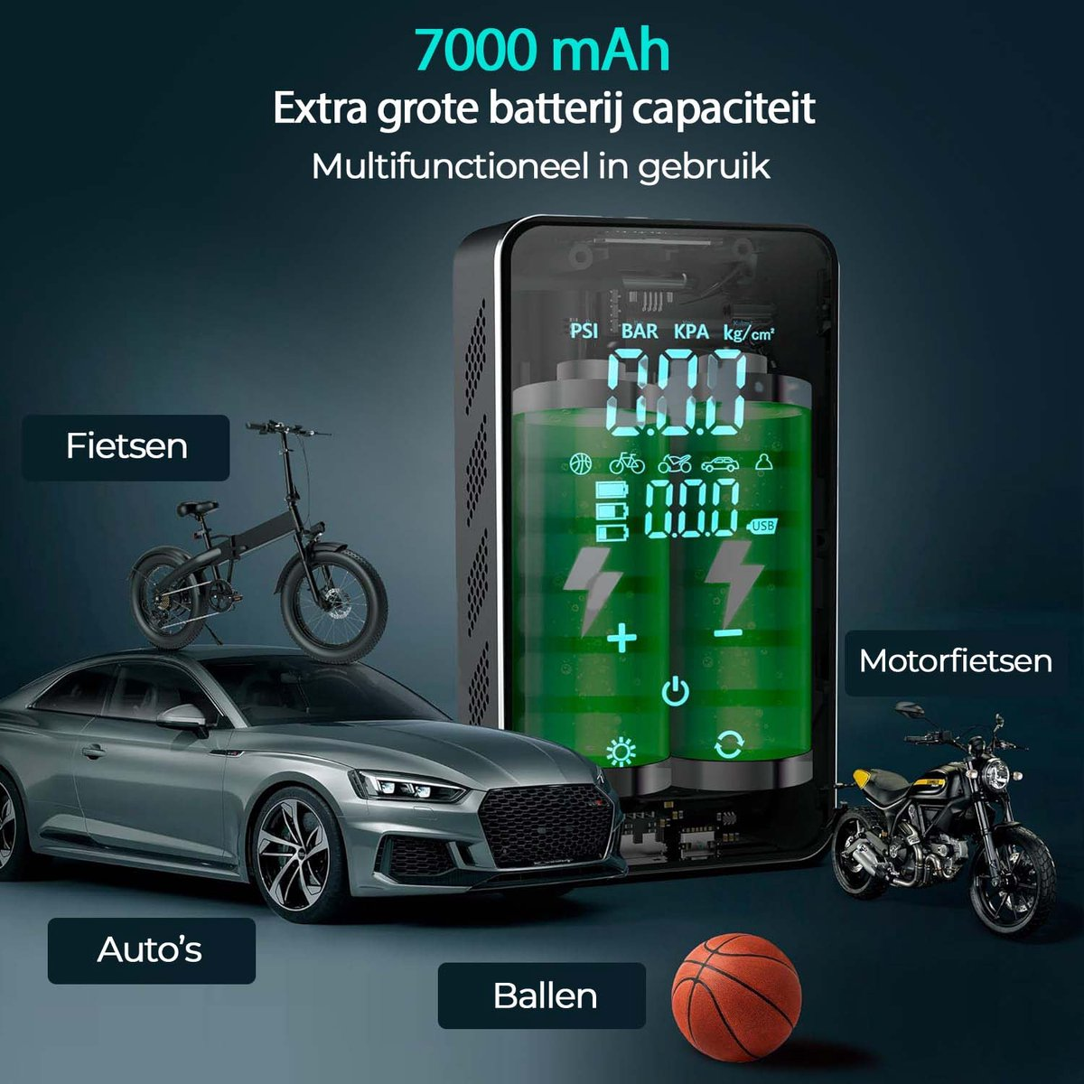 Een draagbaar apparaat met twee groene batterijen, voor het oppompen van auto's, fietsen, motoren en ballen.