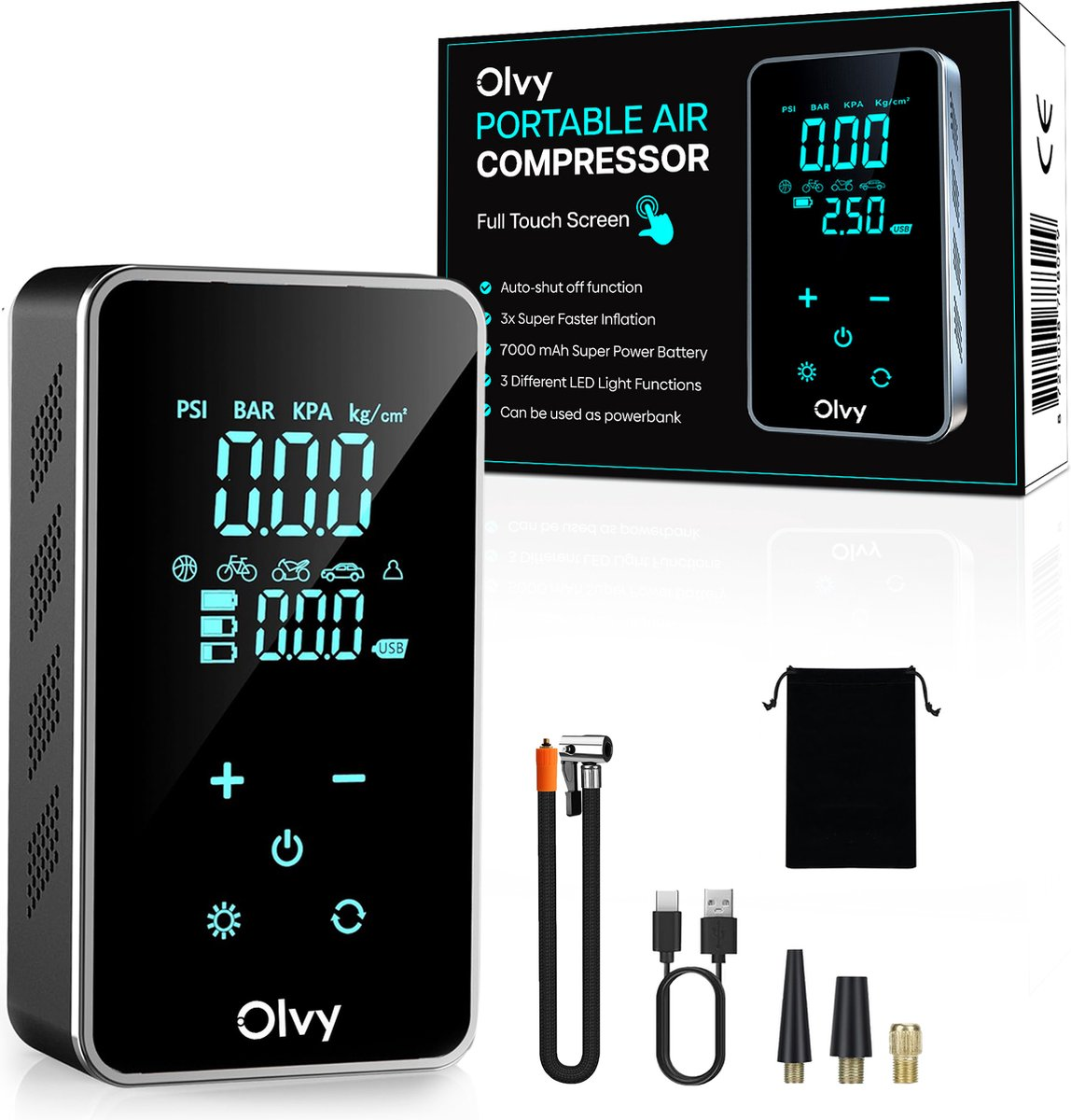 Een zwarte Olvy draagbare luchtcompressor met touchscreen en accessoires.