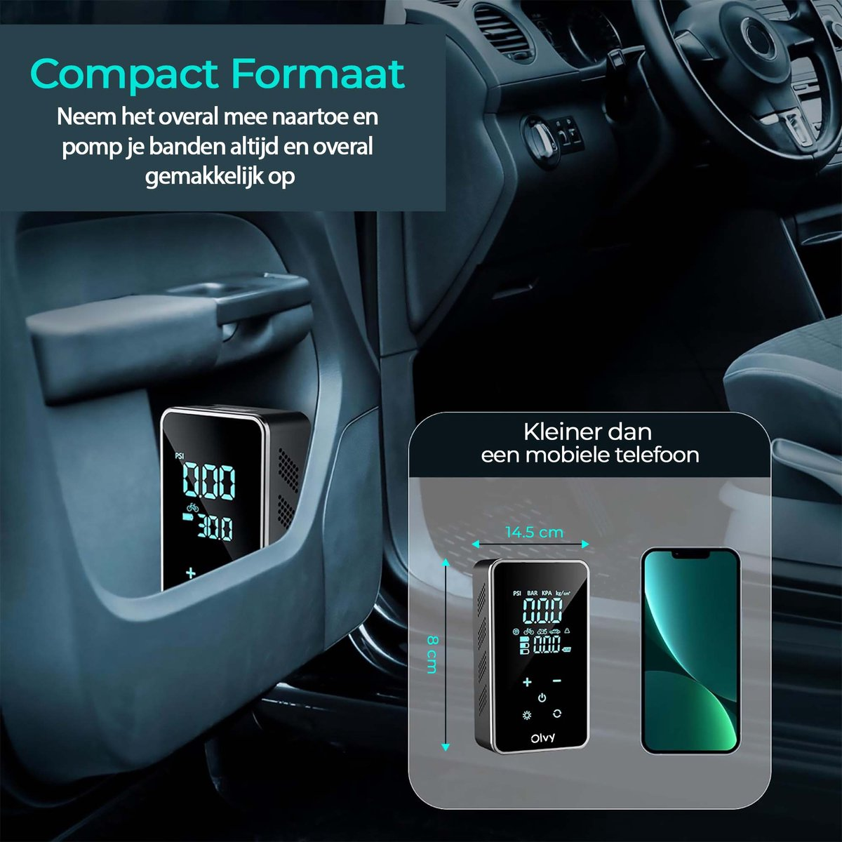 Compacte bandenpomp in de auto, kleiner dan een mobiele telefoon.