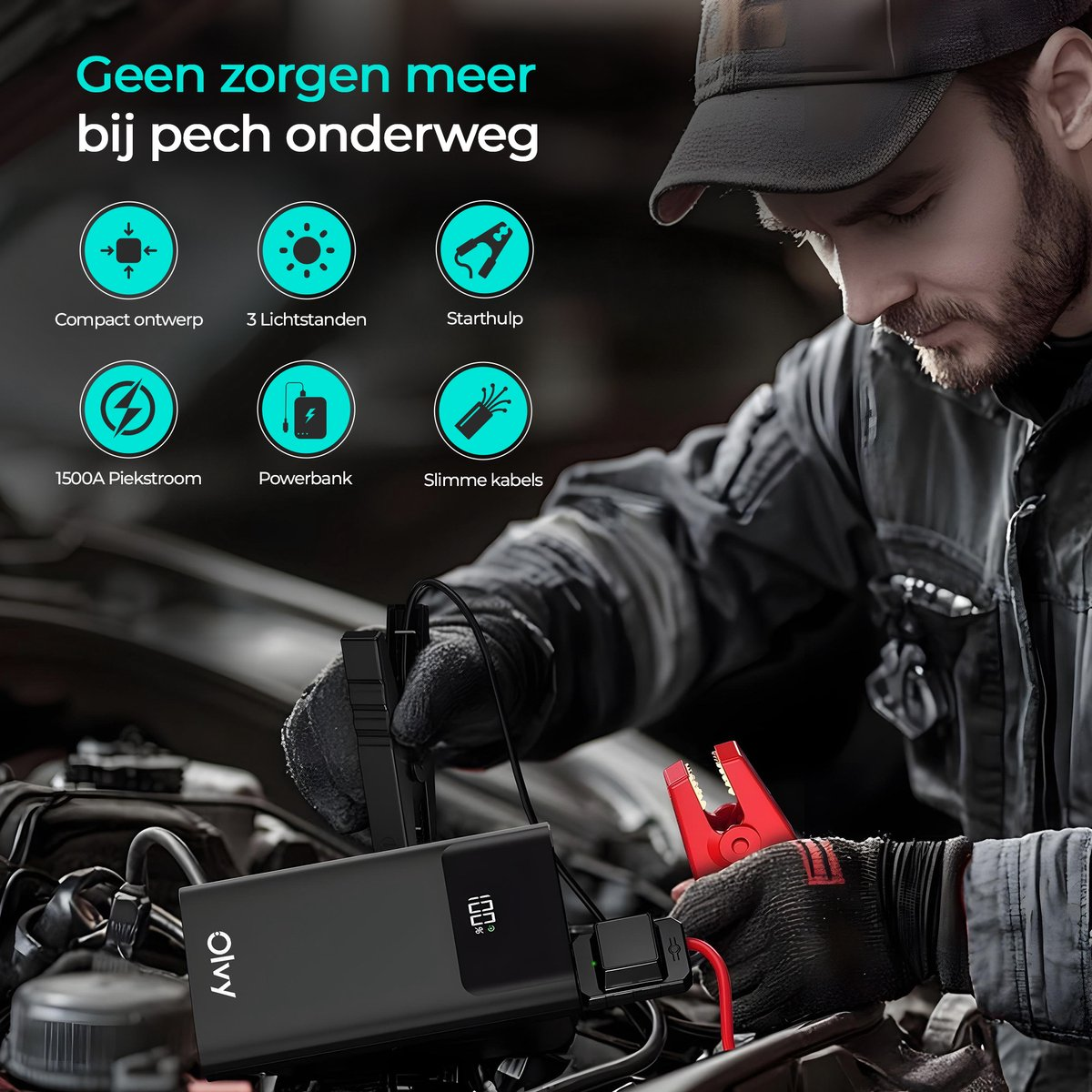Man met handschoenen gebruikt powerbank startkabels op auto.
