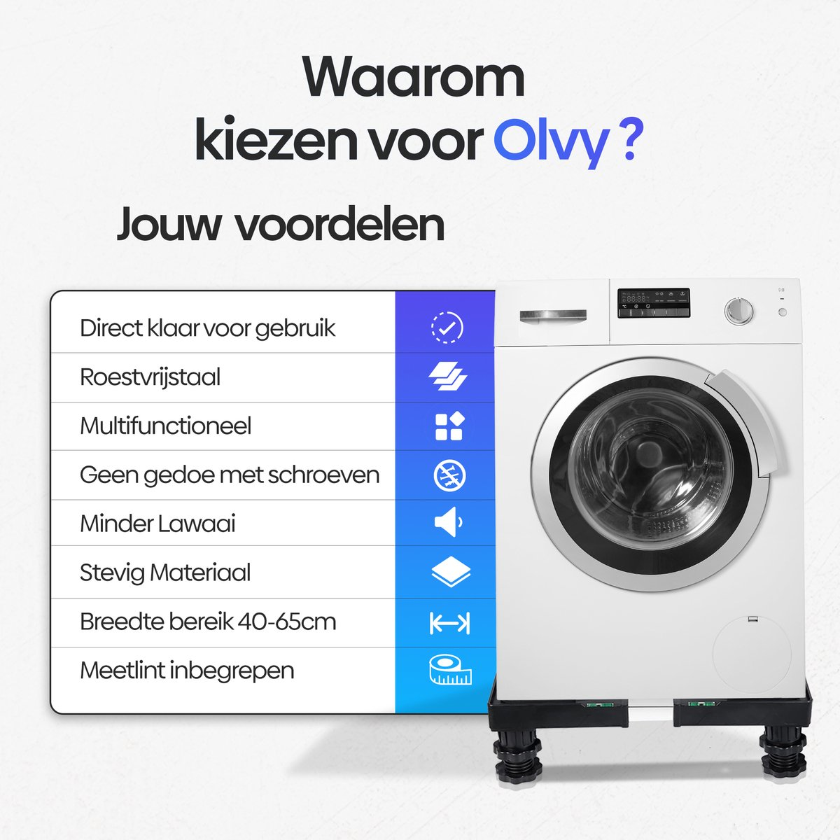 Wasmachine op een voetstuk met voordelenlijst: RVS, stil, verstelbaar.