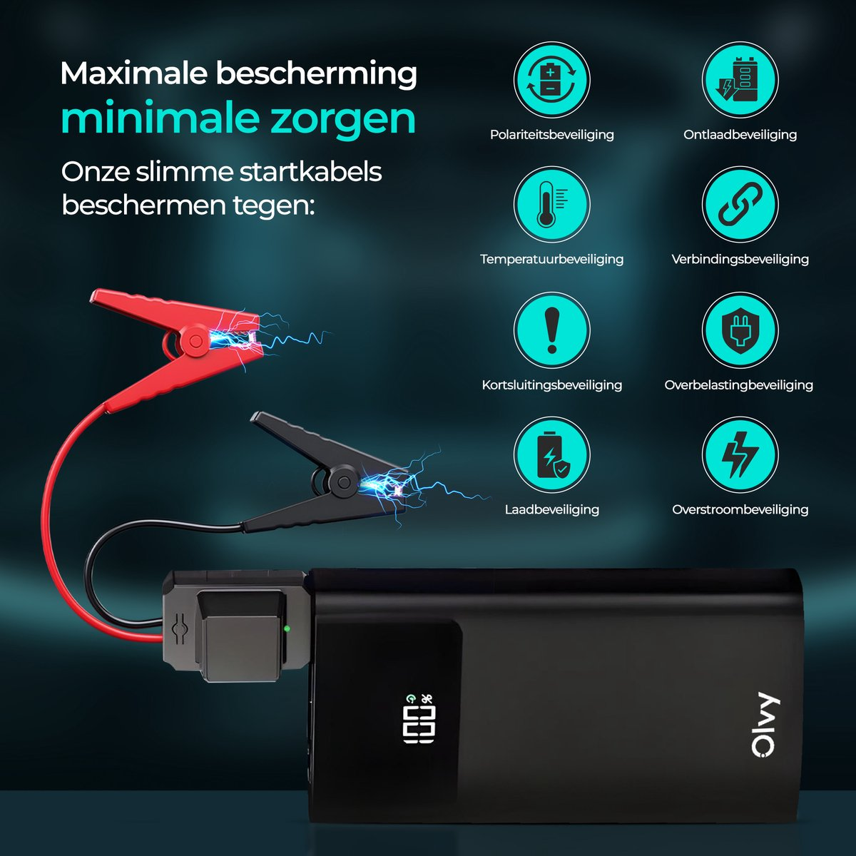 Een zwarte startbooster met rode en zwarte klemmen die vonken produceren.