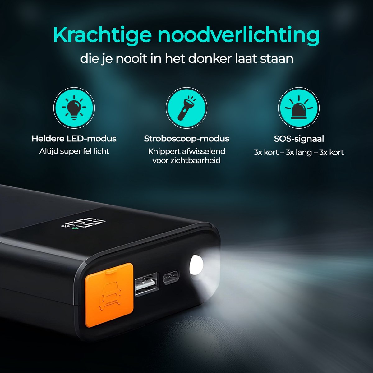 Krachtige noodverlichting met LED-, stroboscoop- en SOS-modi.
