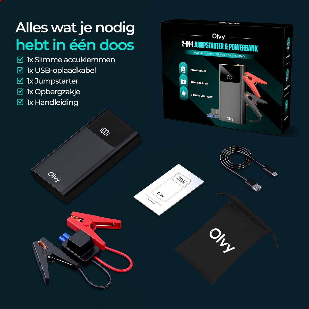 Een Olvy 2-in-1 jumpstarter & powerbank set met kabels, handleiding en tasje.