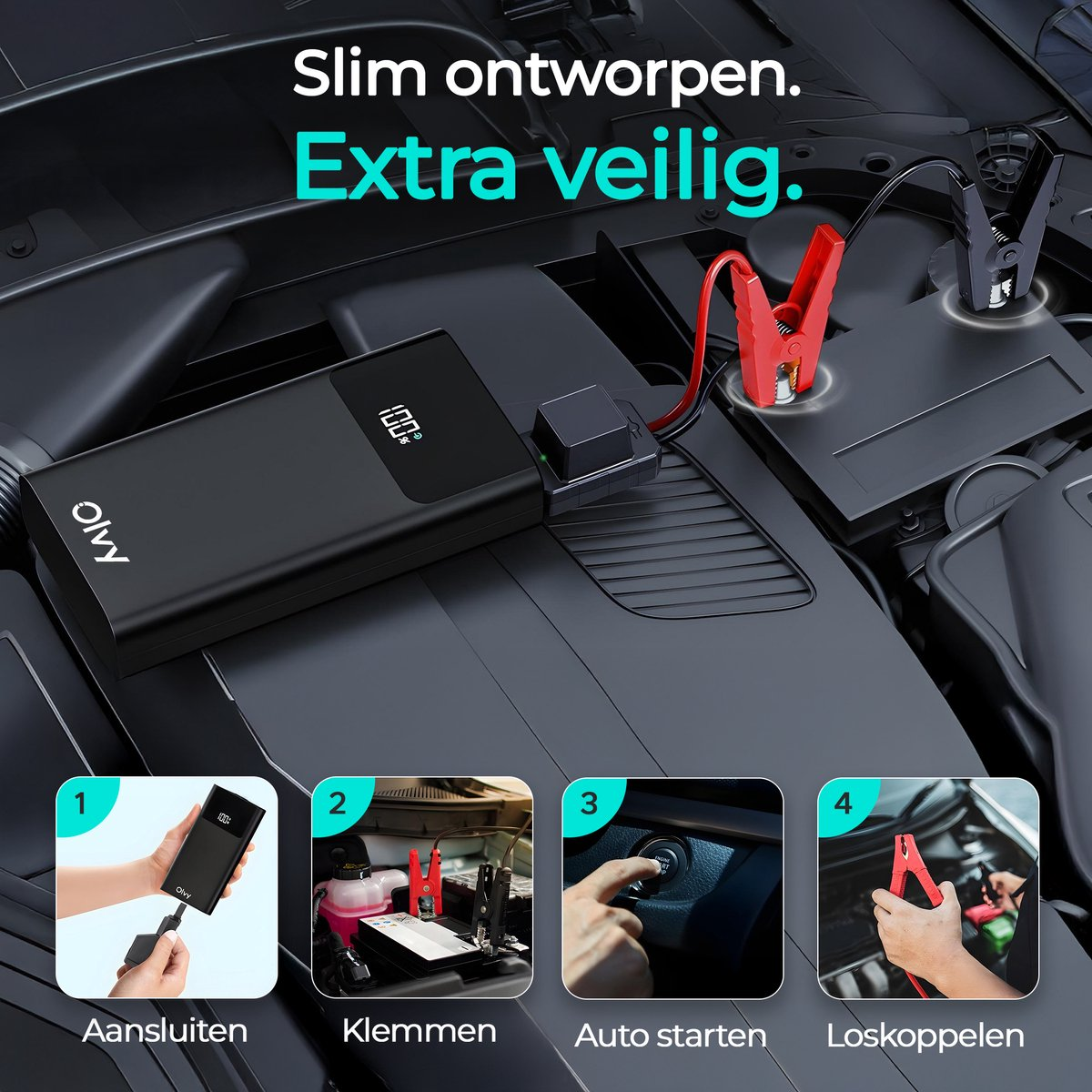 Zwarte auto startbooster met rode en zwarte klemmen aangesloten op een autoaccu.