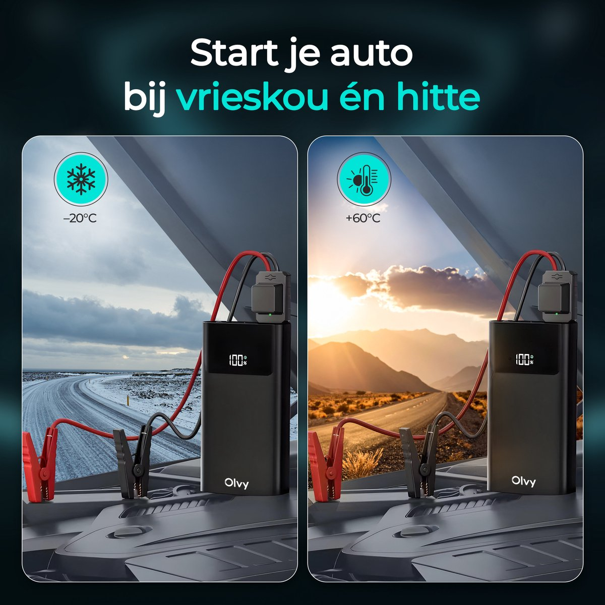 Jumpstarter getoond in extreme kou (-20°C) en hitte (+60°C).