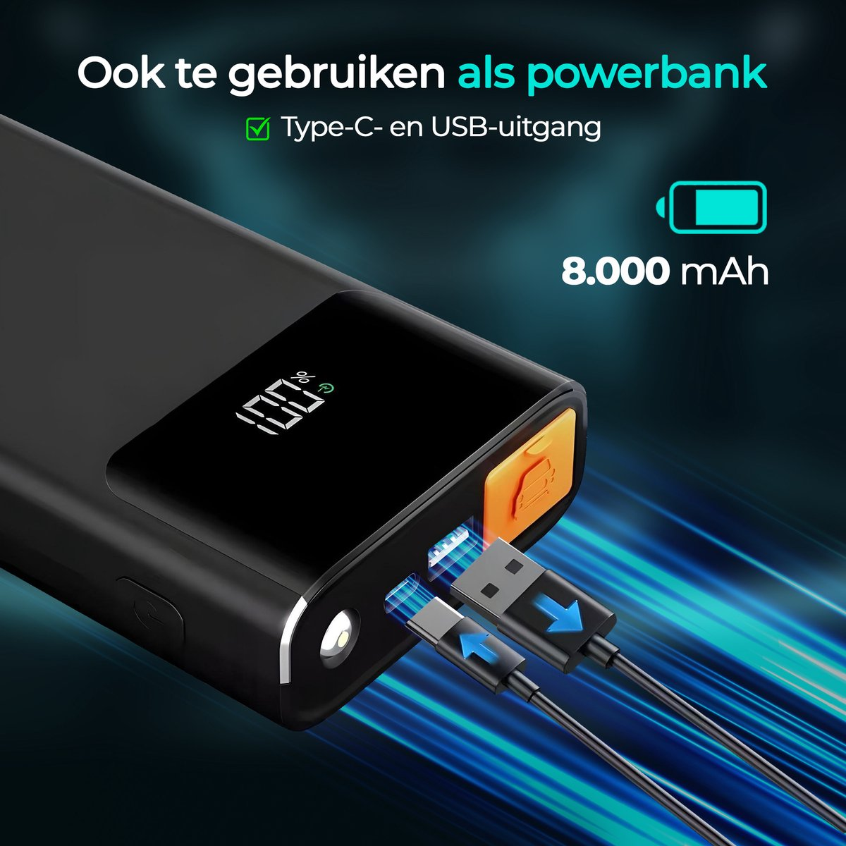 Zwarte powerbank met 8000 mAh capaciteit, USB en Type-C poorten.