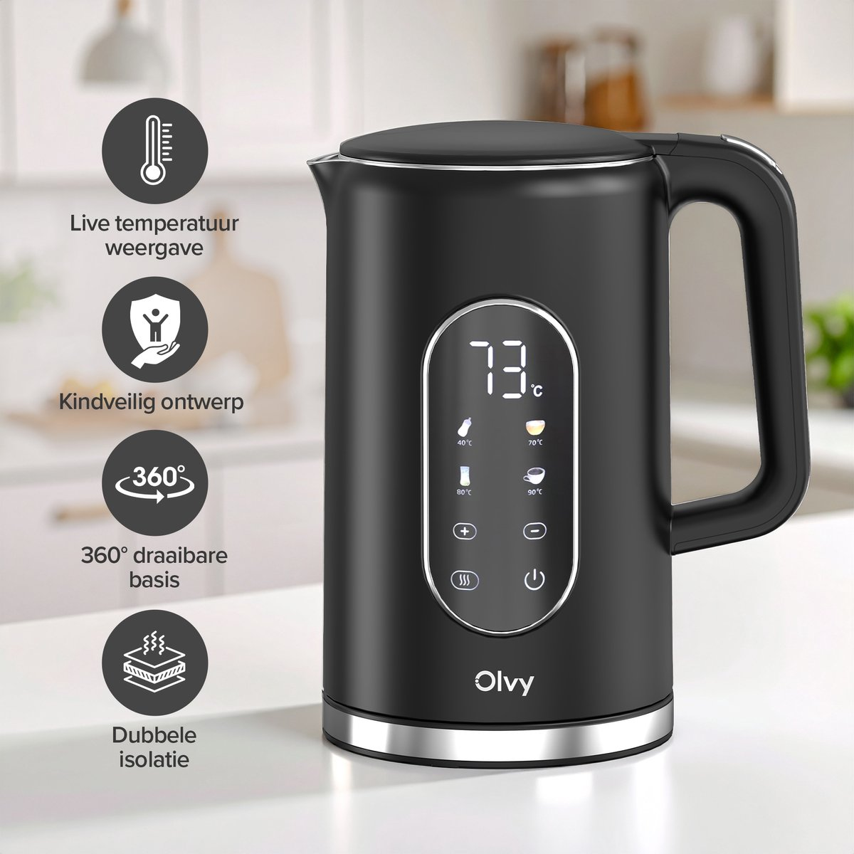 Black electric kettle with digital display showing 73°C and child lock.