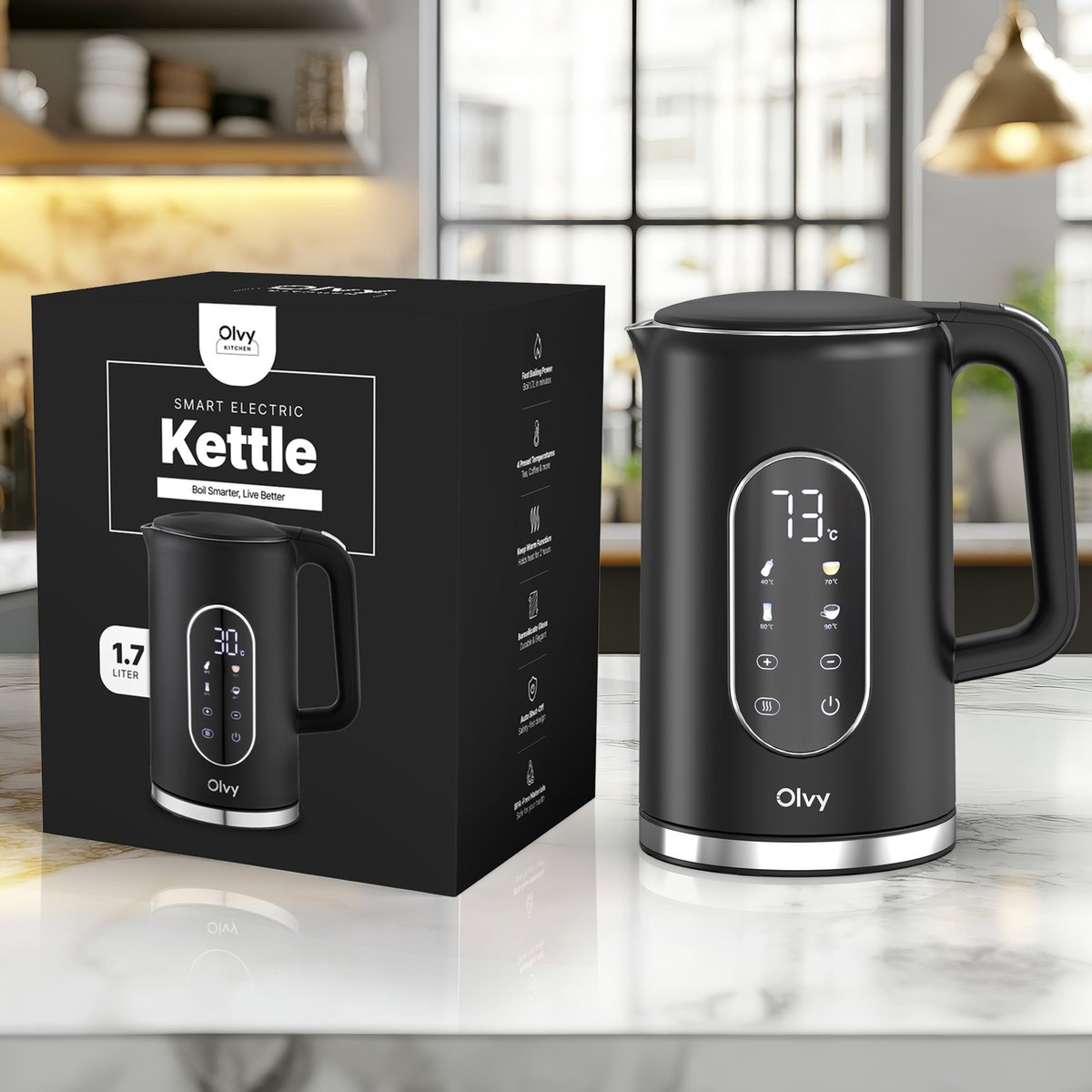 Black electric kettle with digital display and packaging on marble counter.