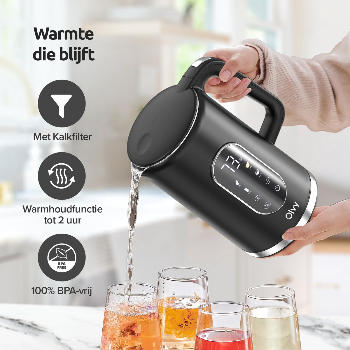 Black kettle with digital display pouring water into glasses. Features a limescale filter.