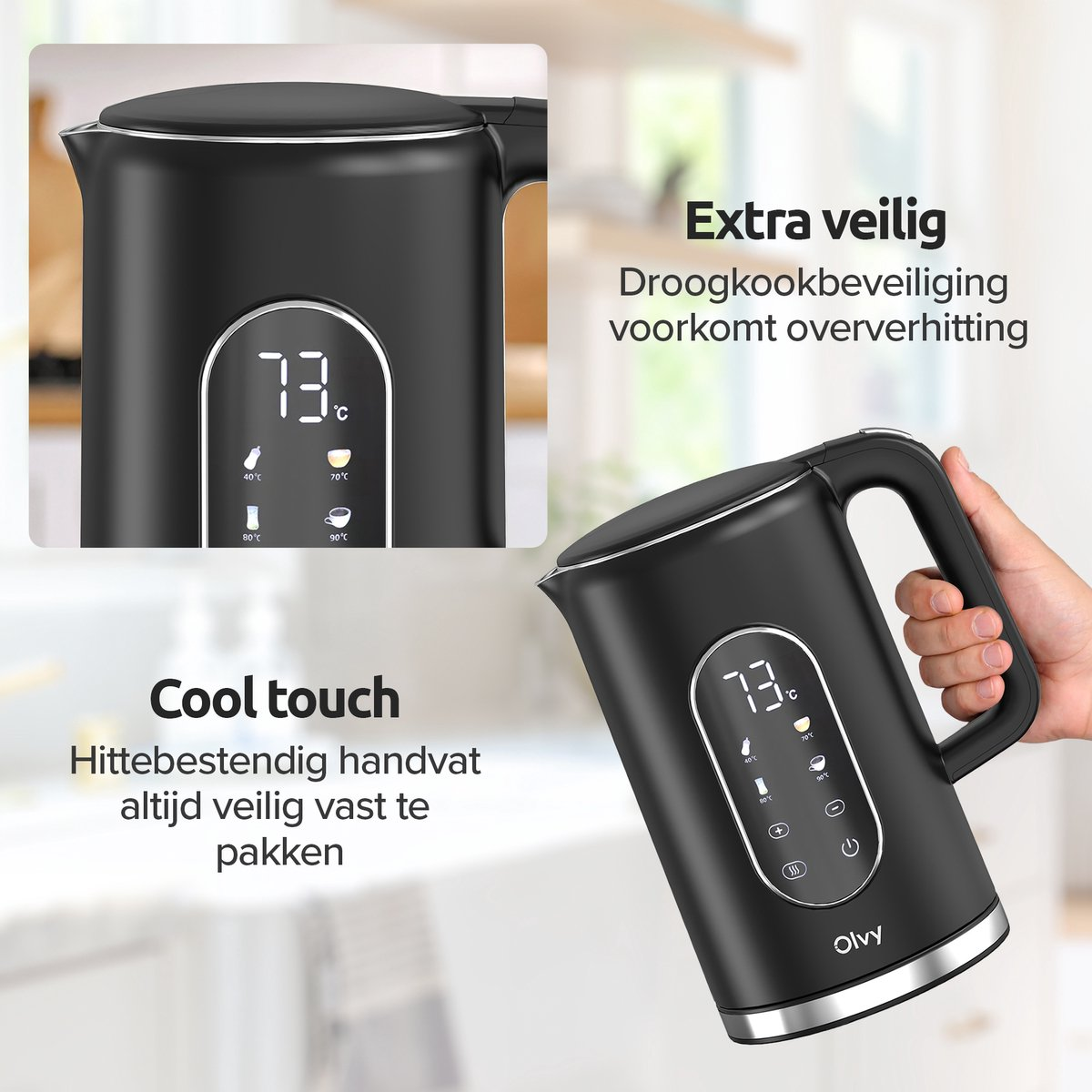 Black electric kettle with digital display, held by a hand.