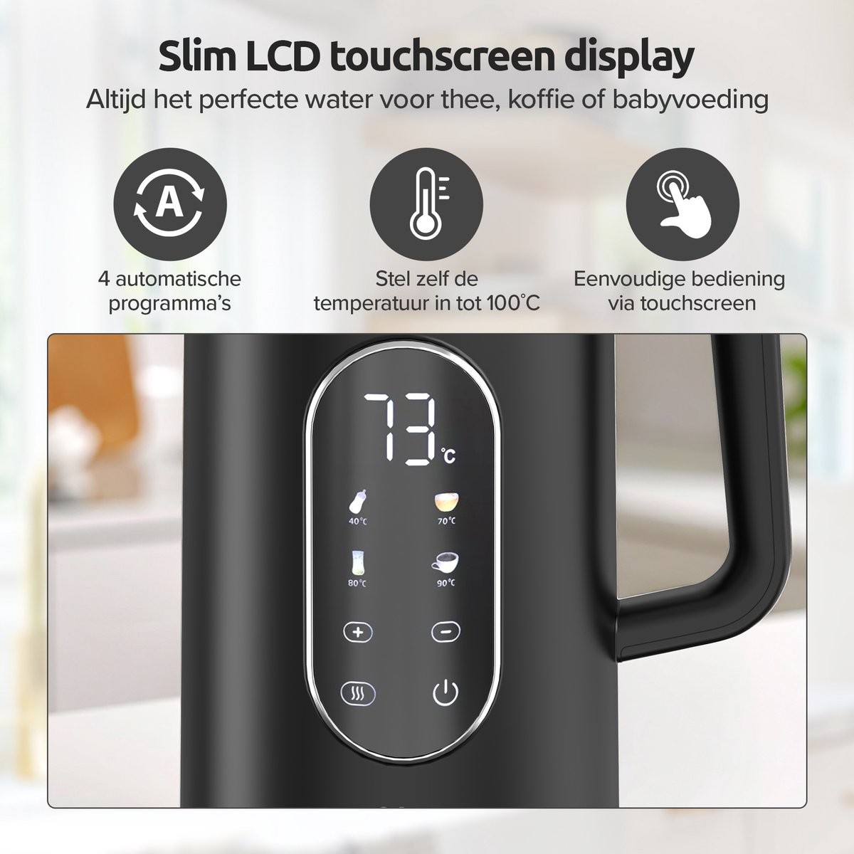 Black kettle with LCD display showing 73°C, 40°C, 70°C, 80°C, 90°C presets.