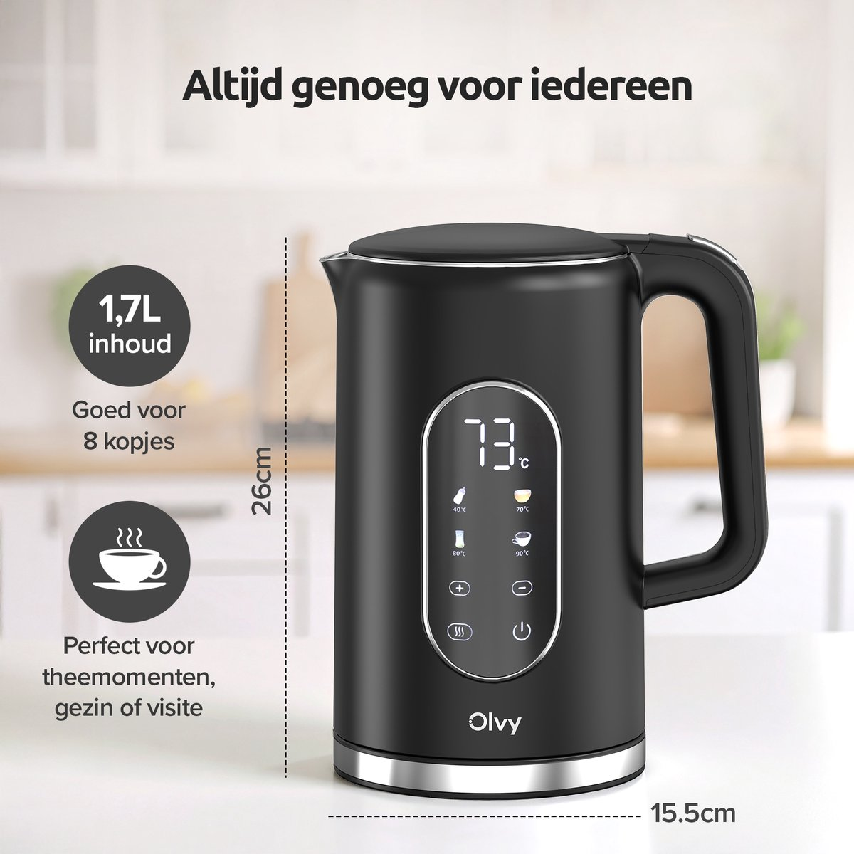 Black electric kettle with digital display showing 73°C, 1.7L capacity, 26cm height.