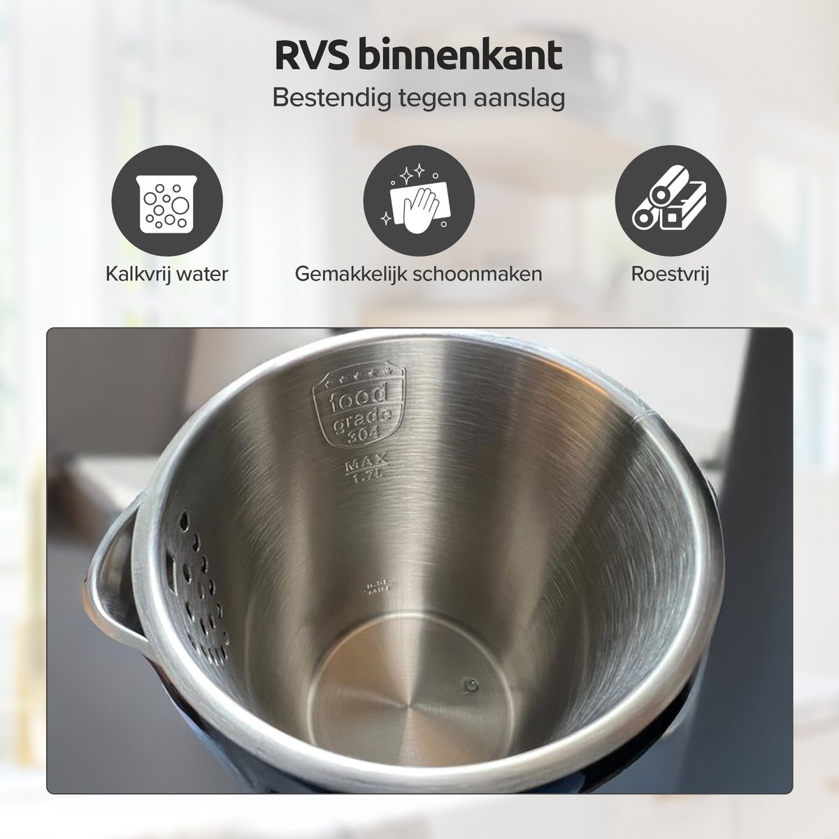 Stainless steel interior with water level markings and icons for limescale-free, easy cleaning, rust-proof.