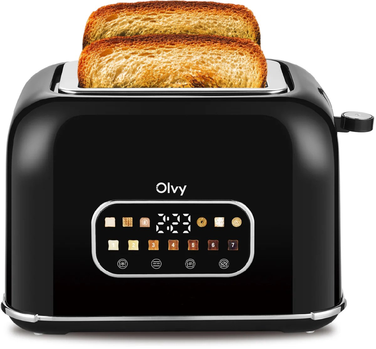 Un tostapane Olvy nero con due fette di pane tostato che sporgono dalla parte superiore.