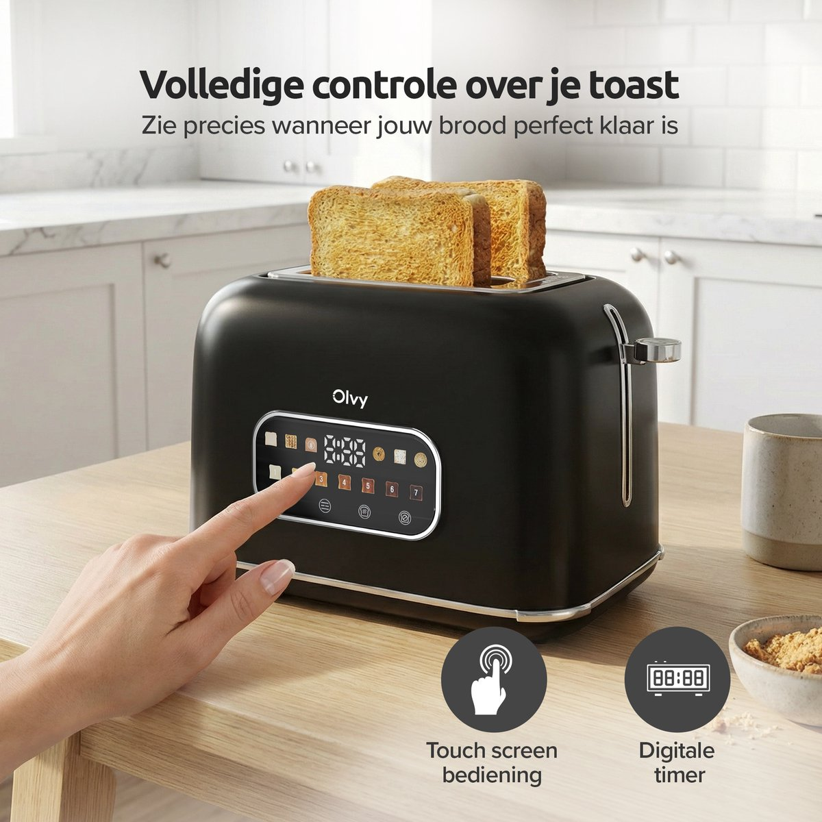 Un tostapane nero con due fette di toast, controlli touch screen e timer digitale.