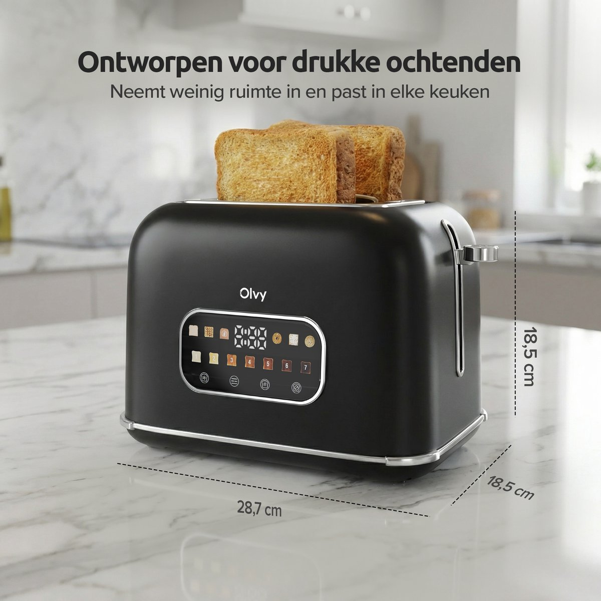 Tostapane nero con due fette di toast, display digitale e dimensioni.