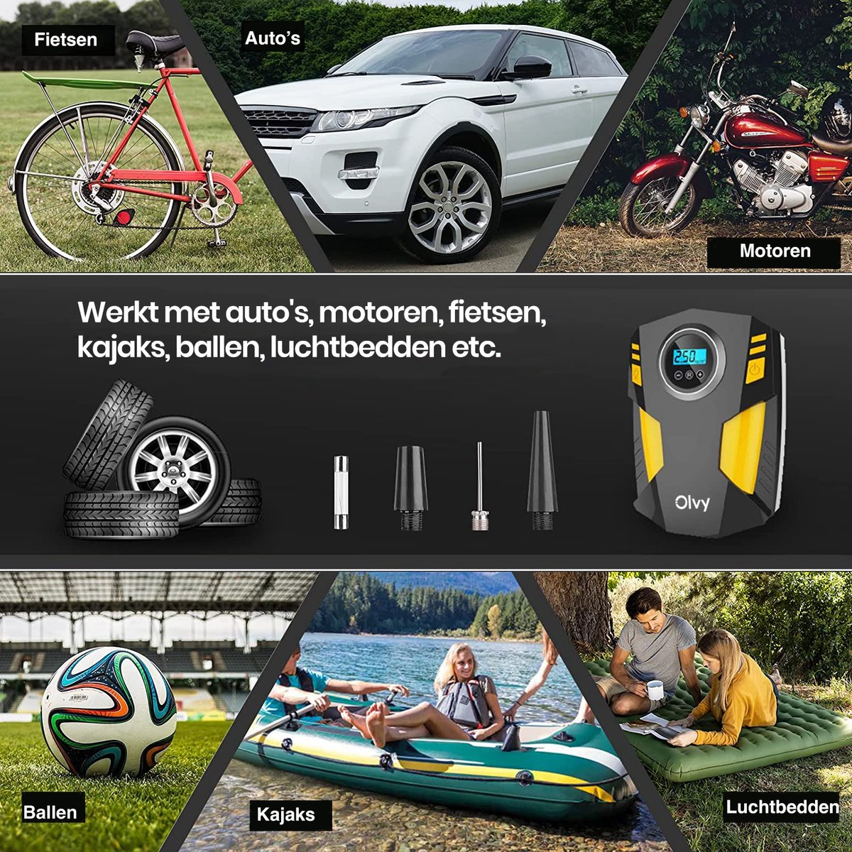 Collage met fiets, auto, motor, banden, luchtpomp, voetbal, kajak en luchtbed.