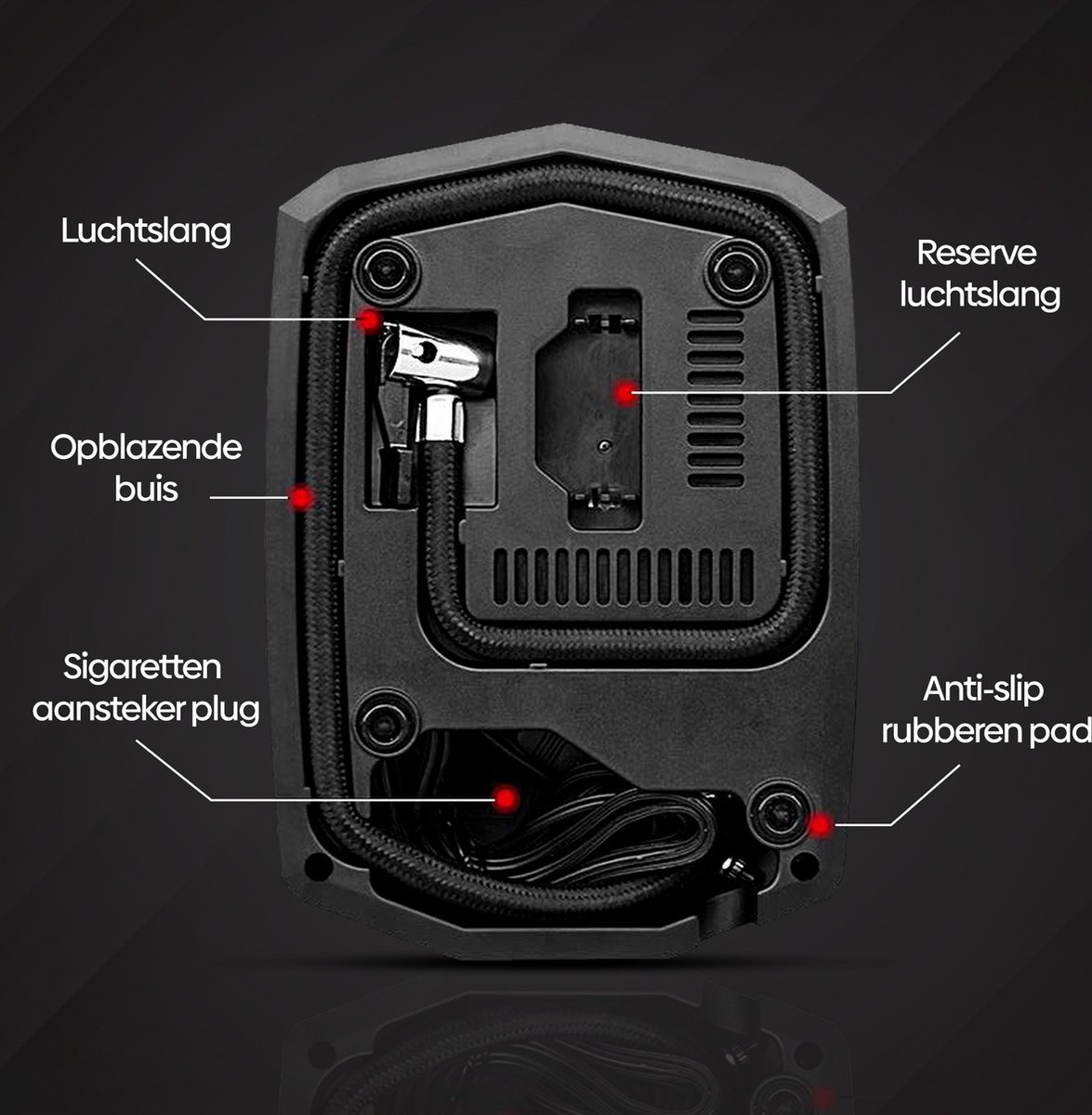 Zwarte compressorbasis met slangen, kabels en connectoren.