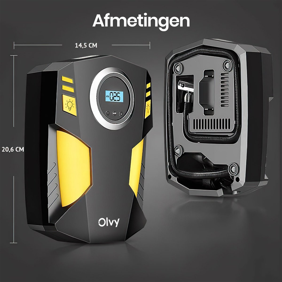Zwarte luchtcompressor met gele accenten en digitaal display. Afmetingen 14,5x20,6cm.