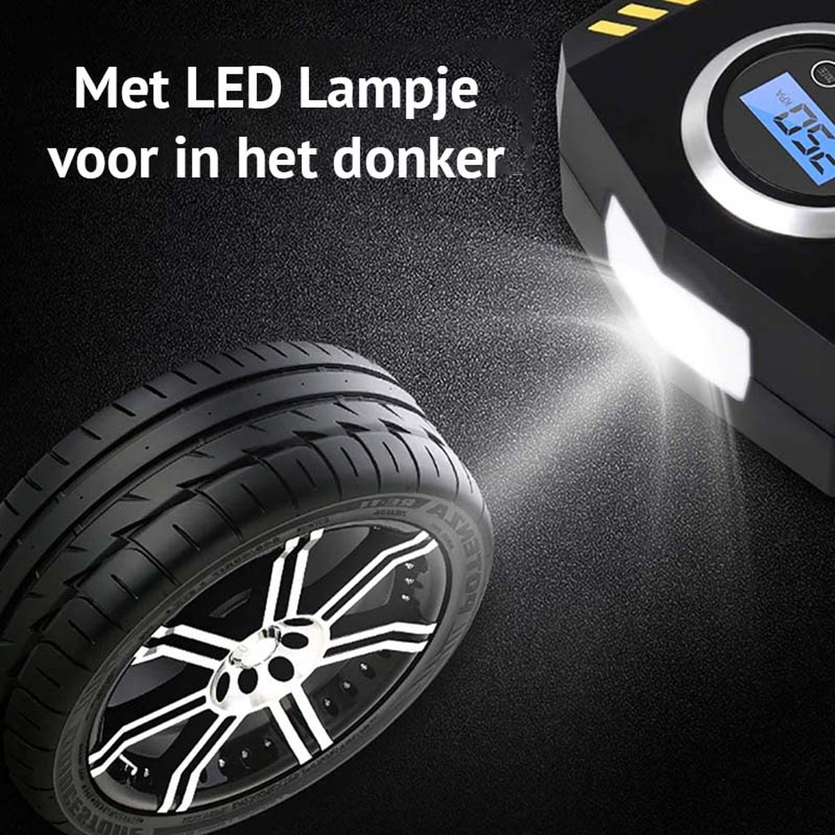 Een band en een bandenpomp met LED-lampje schijnen op een donkere achtergrond.