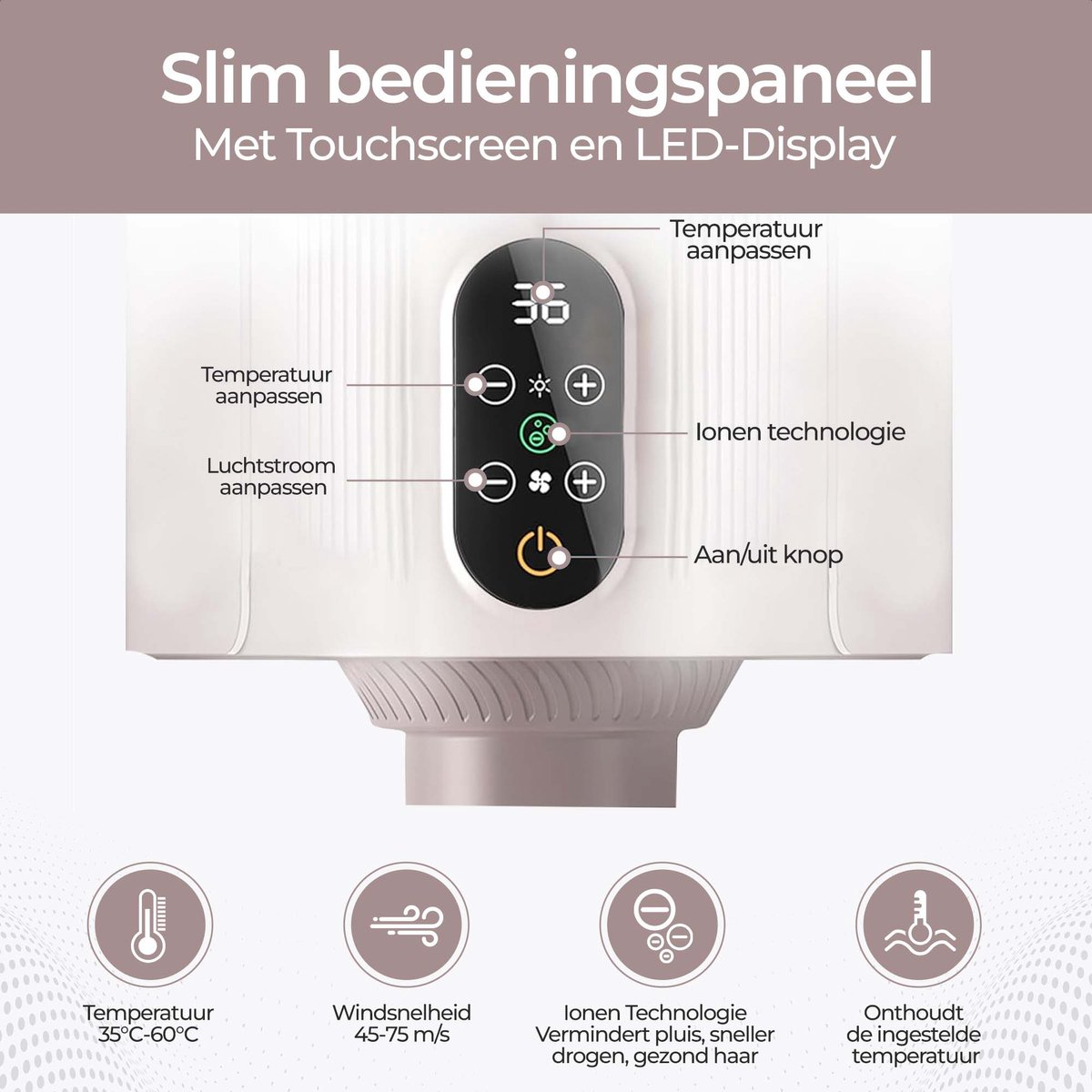 Control panel with touchscreen and LED display, temperature and fan settings, ion technology.