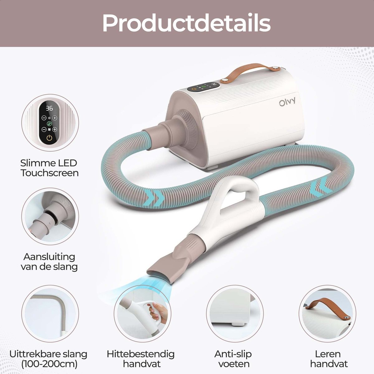 A white pet dryer with a digital touchscreen, flexible hose, and ergonomic handle.