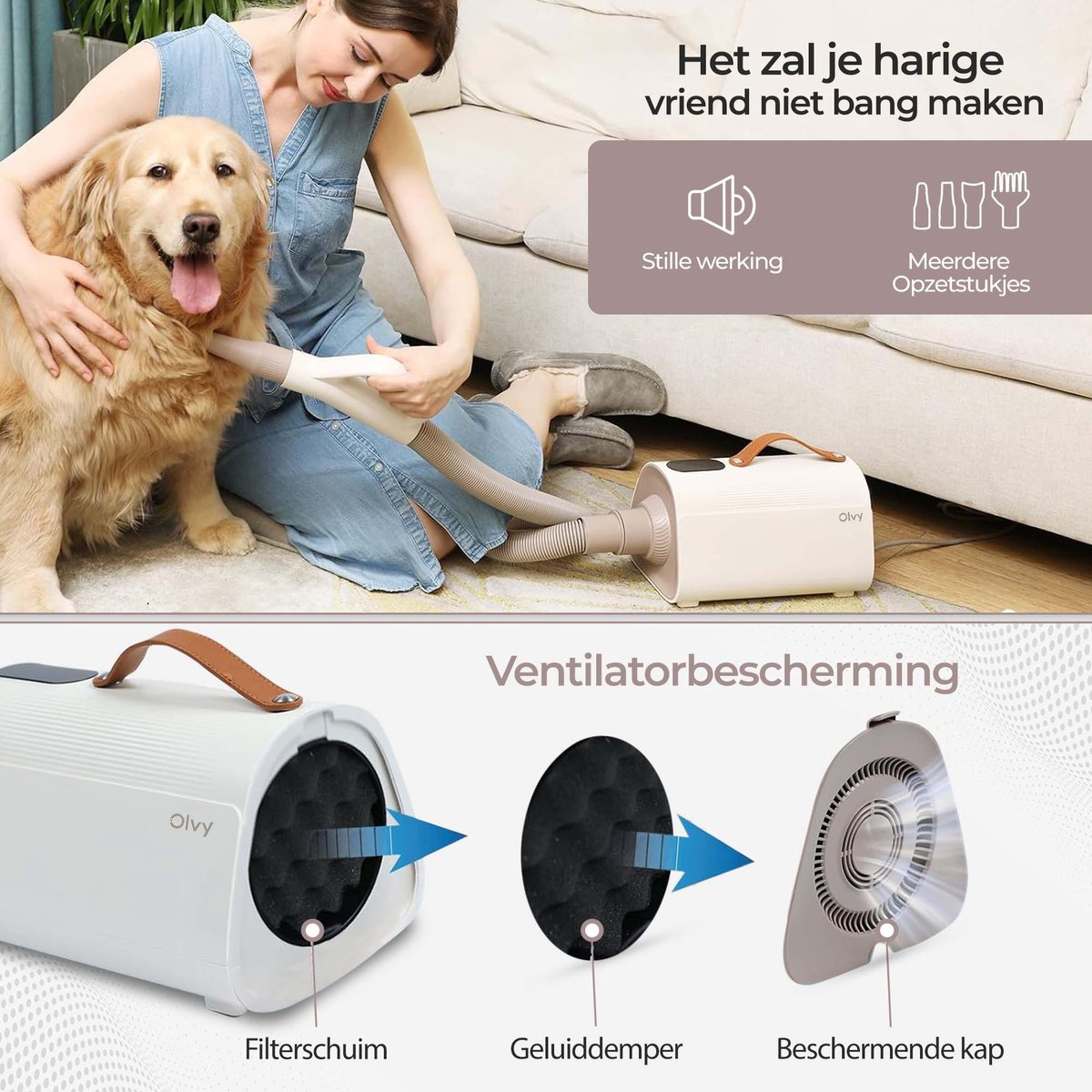 A dog is being dried by a woman with a hairdryer. Below are parts of a fan.