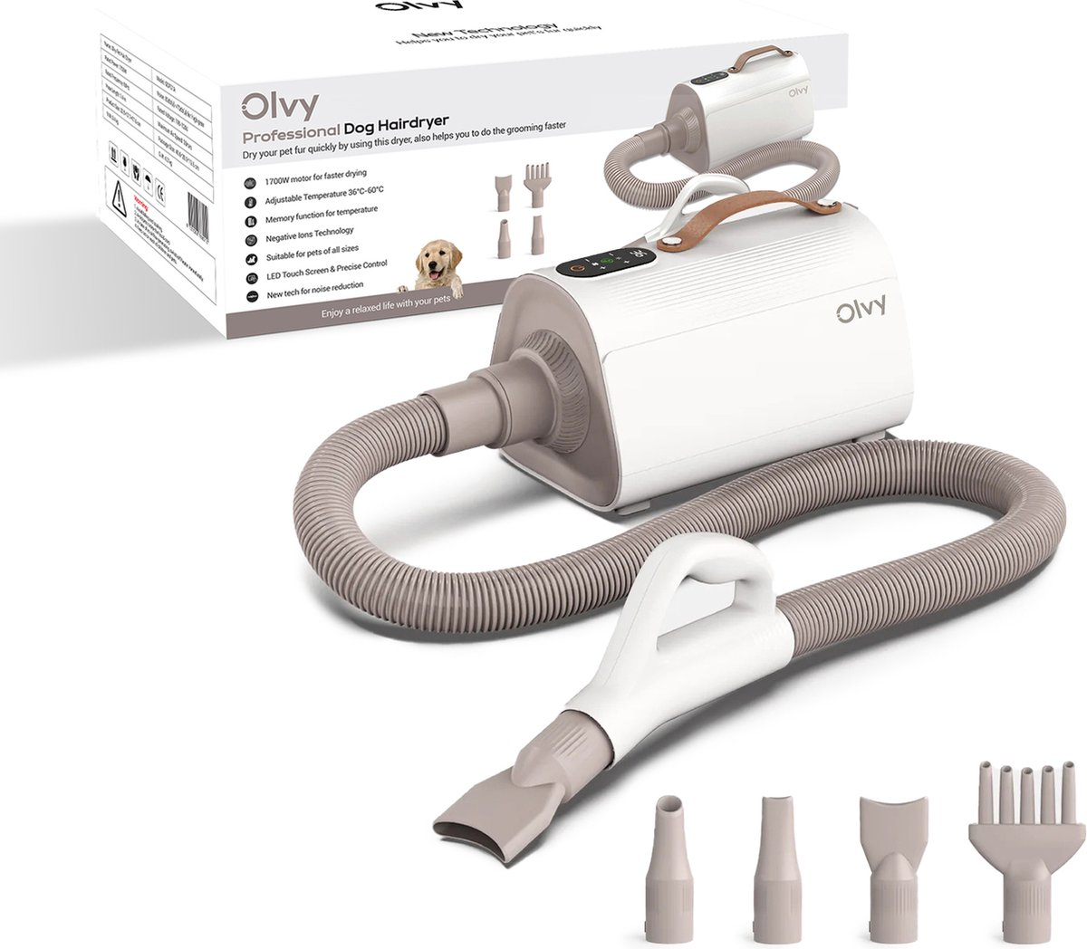 A white professional dog hairdryer with hose and attachments on a white background.