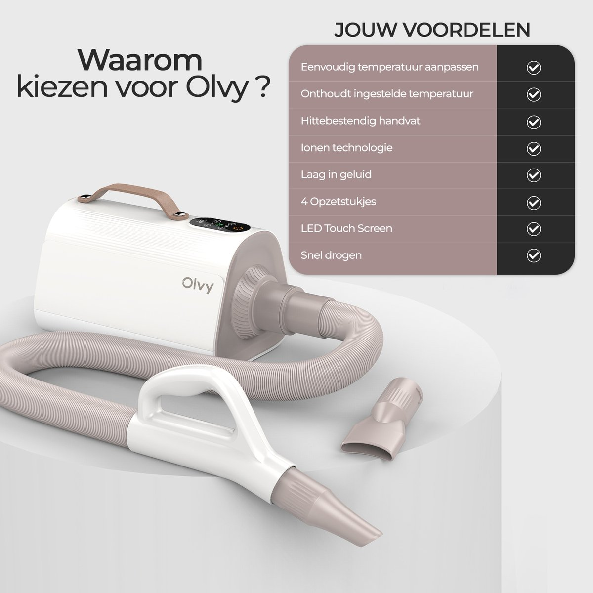 A white hair dryer with accessories and a list of benefits in Dutch.