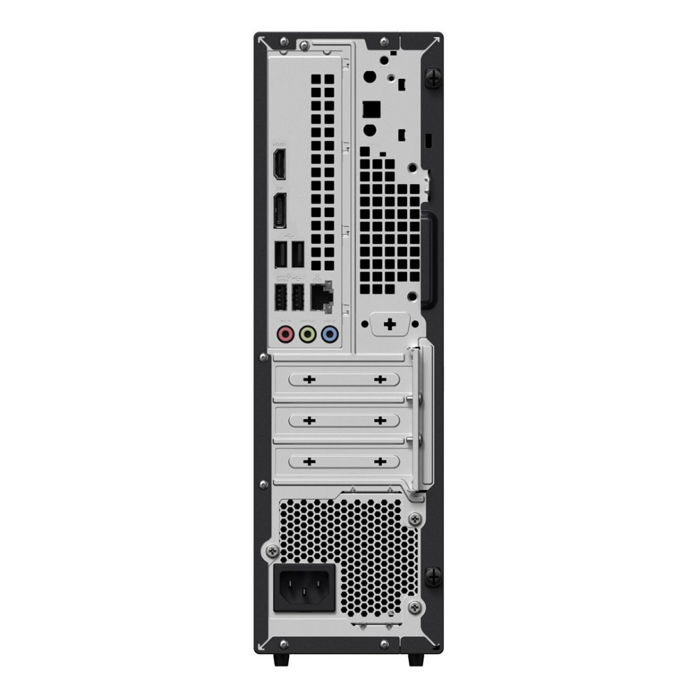 Tył czarnego komputera z portami: USB, HDMI, audio i zasilania.