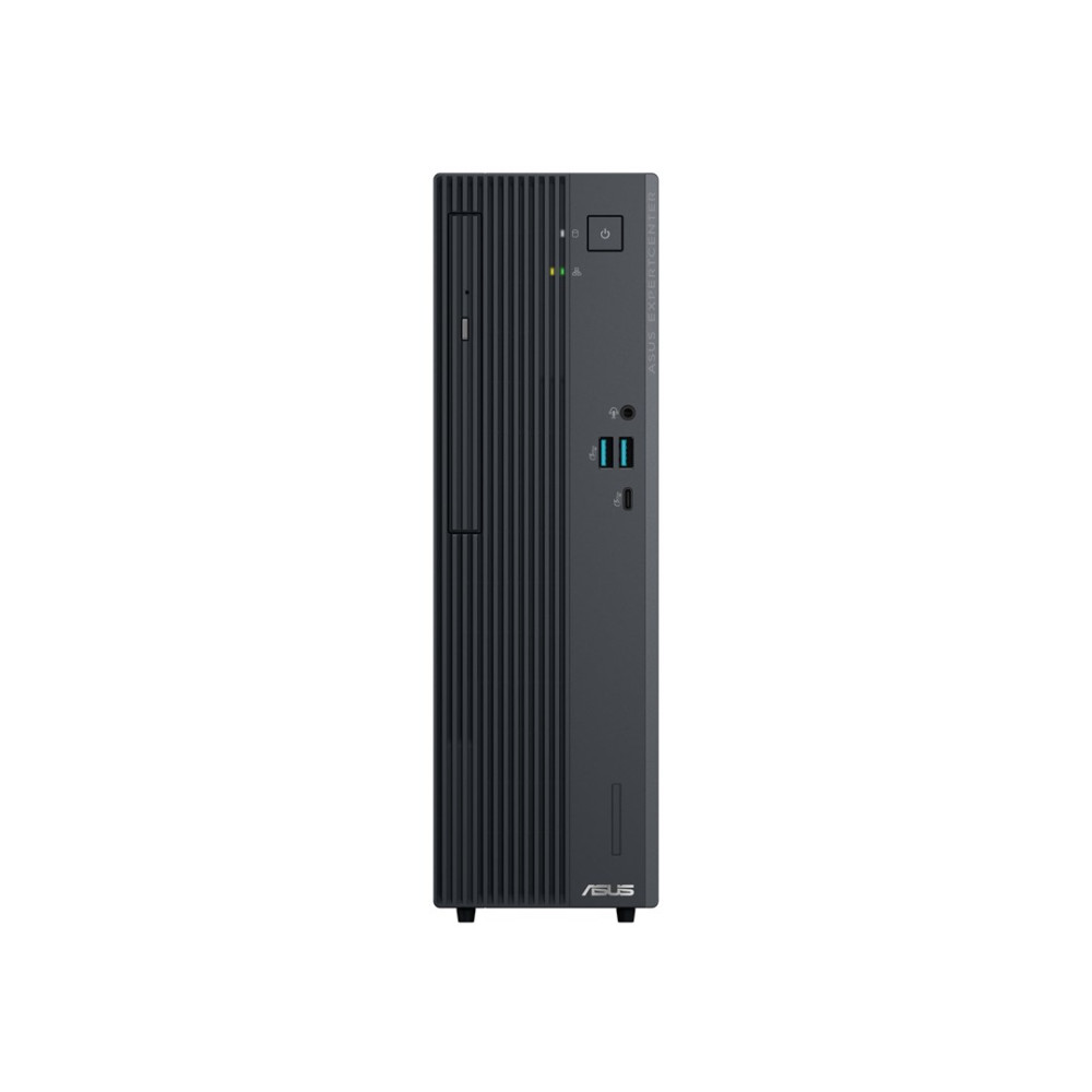Elegancka, ciemna obudowa Asus ExpertCenter z portami i przyciskiem zasilania z przodu.
