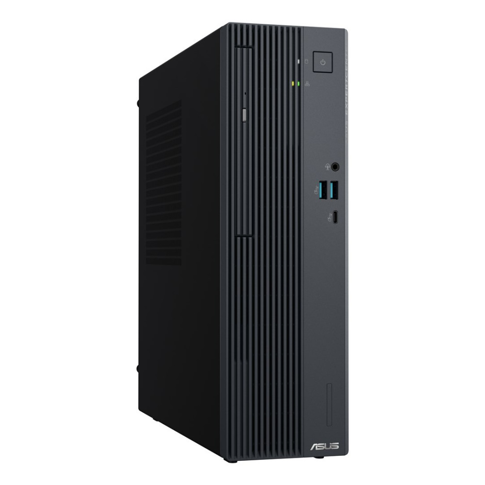 Czarny komputer ASUS z pionowymi rowkami z przodu i portami.