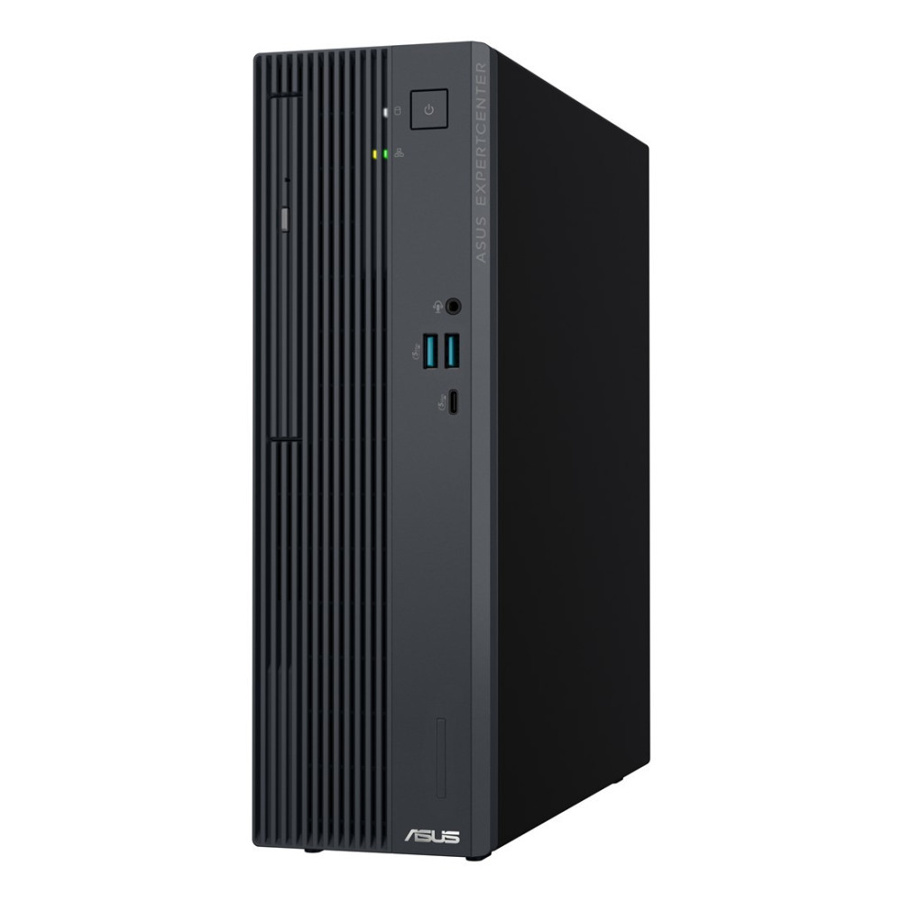 Czarny komputer Asus ExpertCenter z otworami wentylacyjnymi i portami.