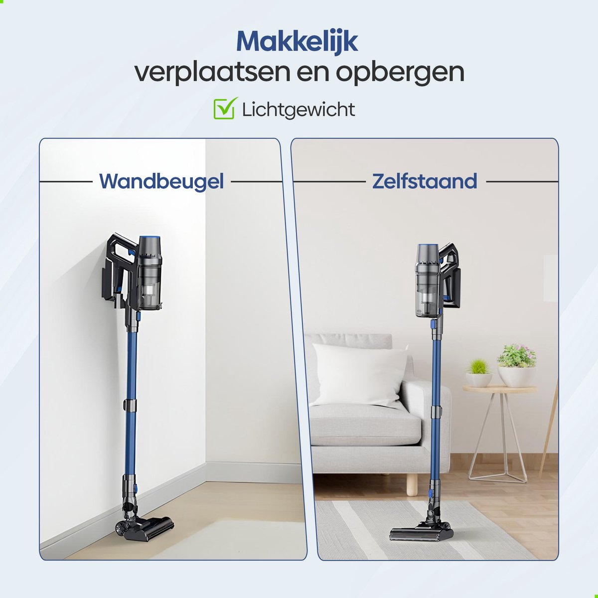 Blauwe stofzuiger aan wandhouder en vrijstaand naast bank.