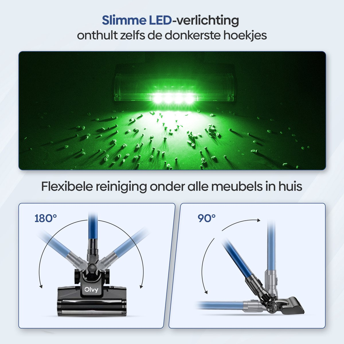 Zuigmond met LED-verlichting verlicht vuil. Gewrichten tonen 180° en 90° flexibiliteit.