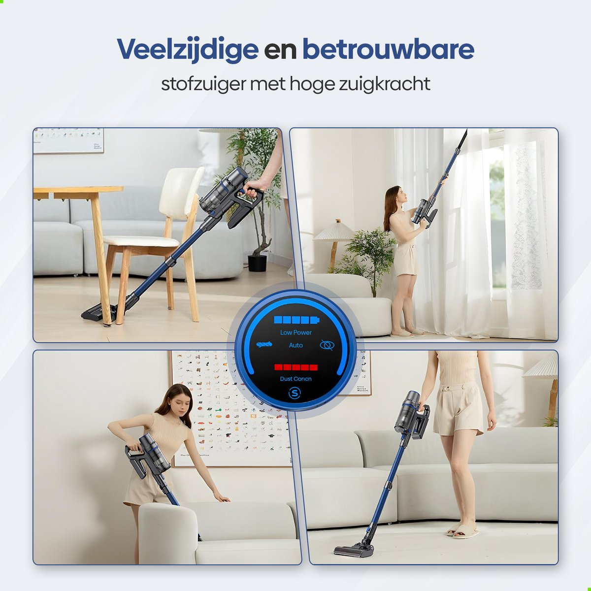 Blauwe stofzuiger reinigt vloer, bank en gordijnen. Display toont batterijniveau.
