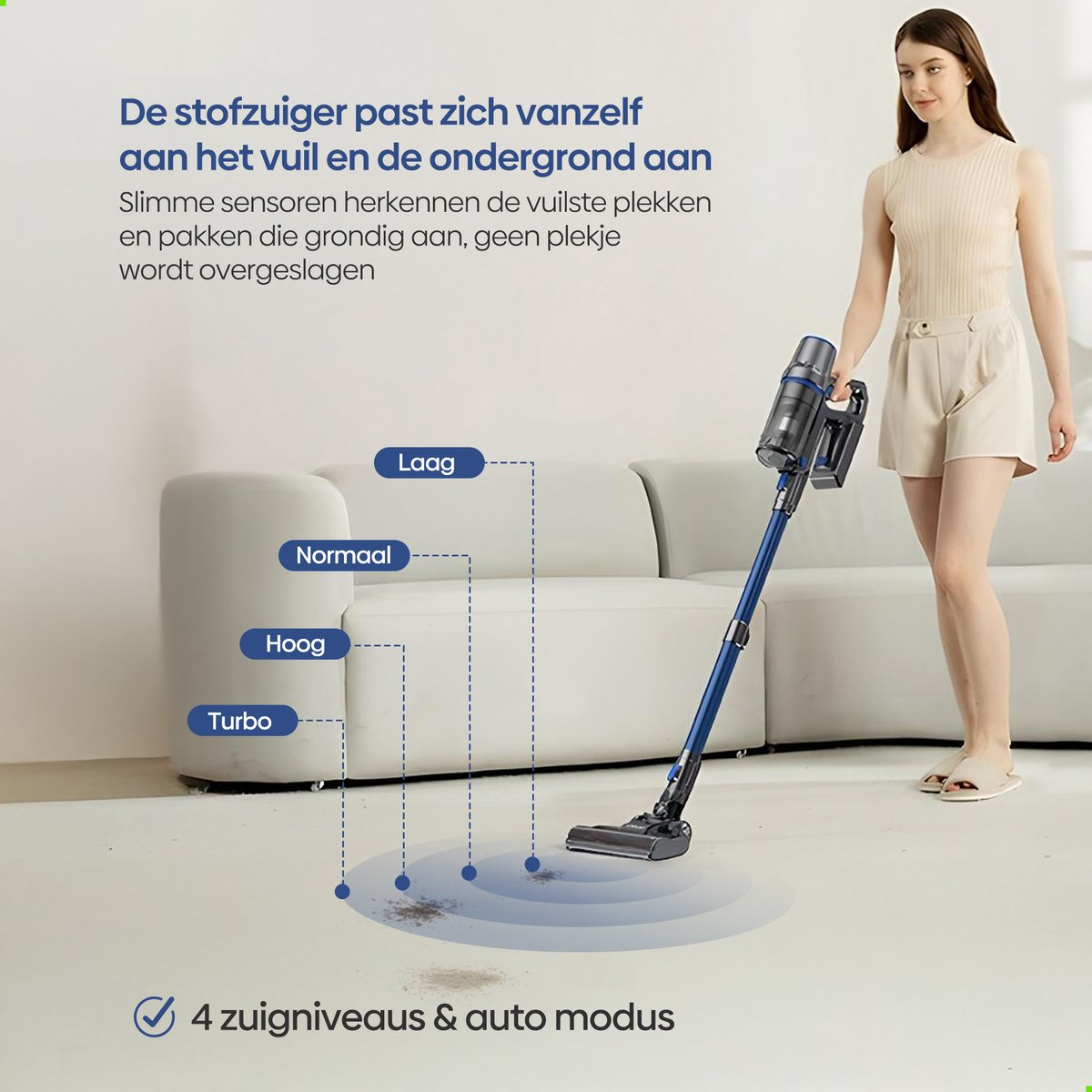 Een vrouw stofzuigt een tapijt met een blauwe stofzuiger die zich aanpast aan vuil.