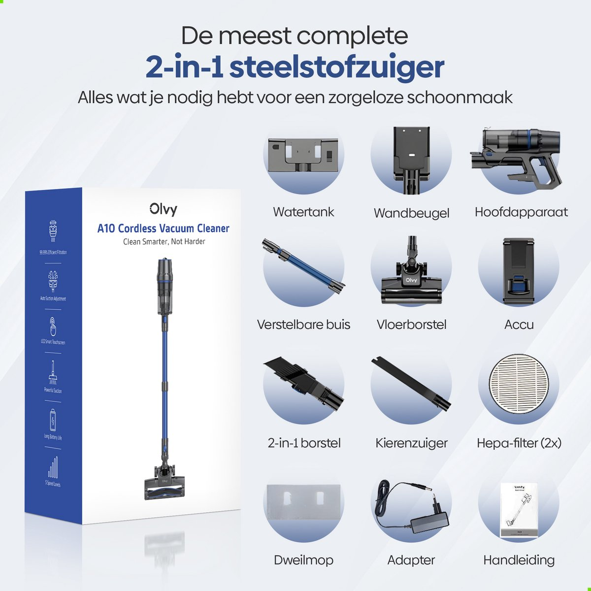 Olvy A10 steelstofzuiger met accessoires: watertank, wandbeugel, hoofdeenheid, buis, borstel, accu.