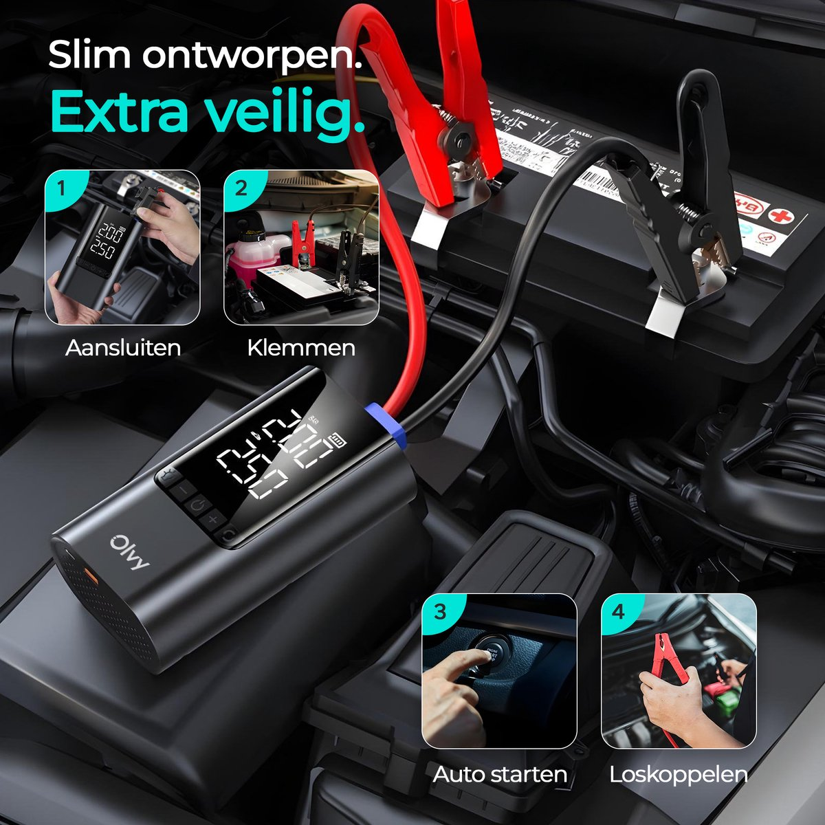 Jump starter met klemmen op autoaccu, vier stappen getoond.