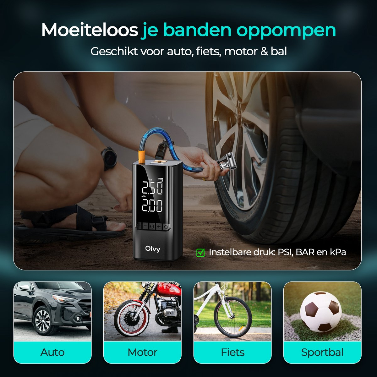 Draagbare compressor pompt auto-, motor-, fiets- en balbanden op.