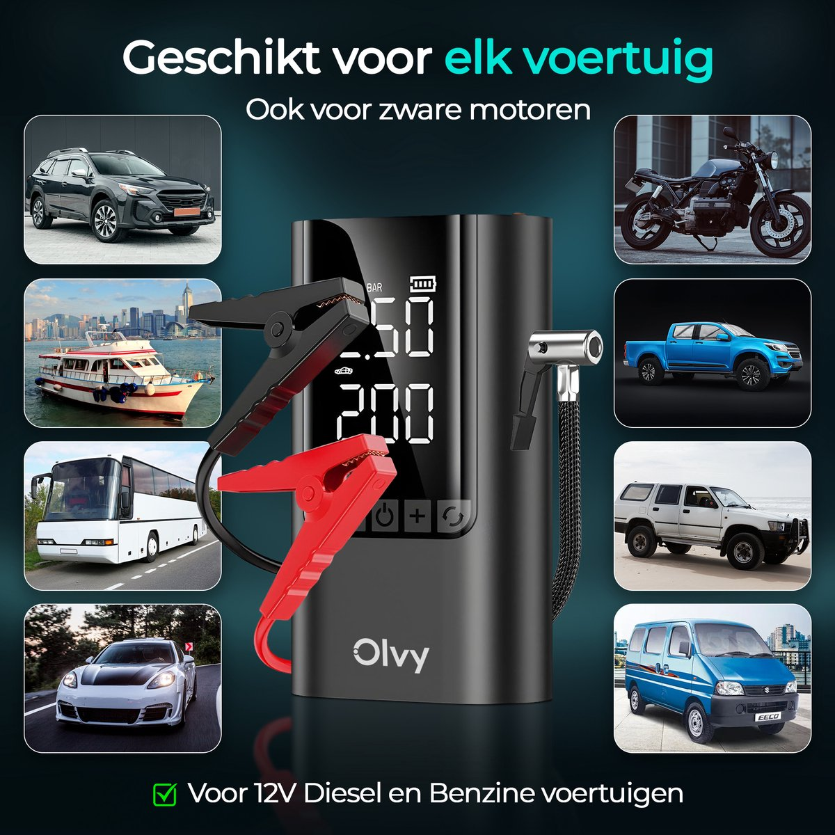 Zwarte luchtcompressor met rode en zwarte klemmen. Meerdere voertuigen zijn afgebeeld.