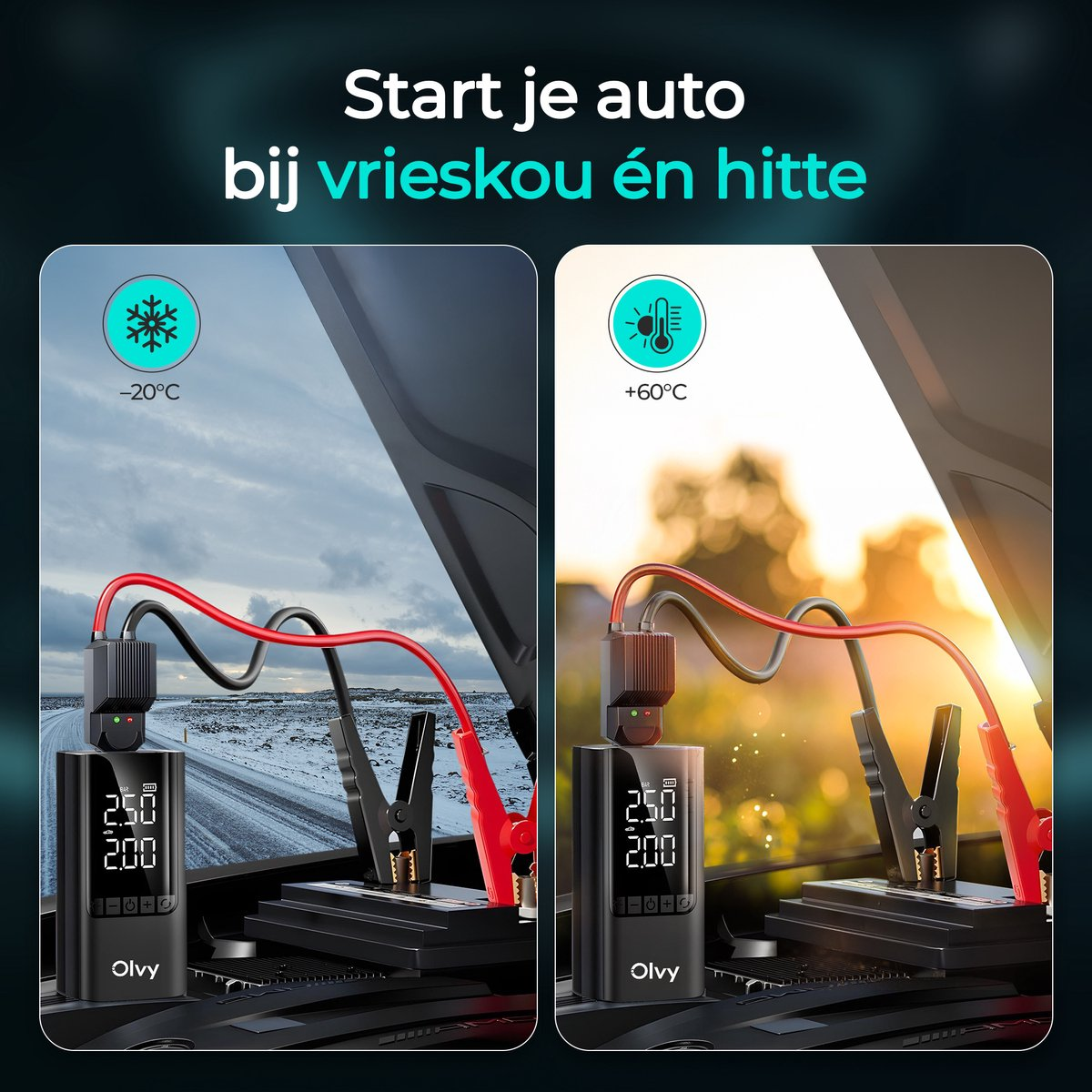 Een startapparaat voor auto's werkt bij -20°C en +60°C.