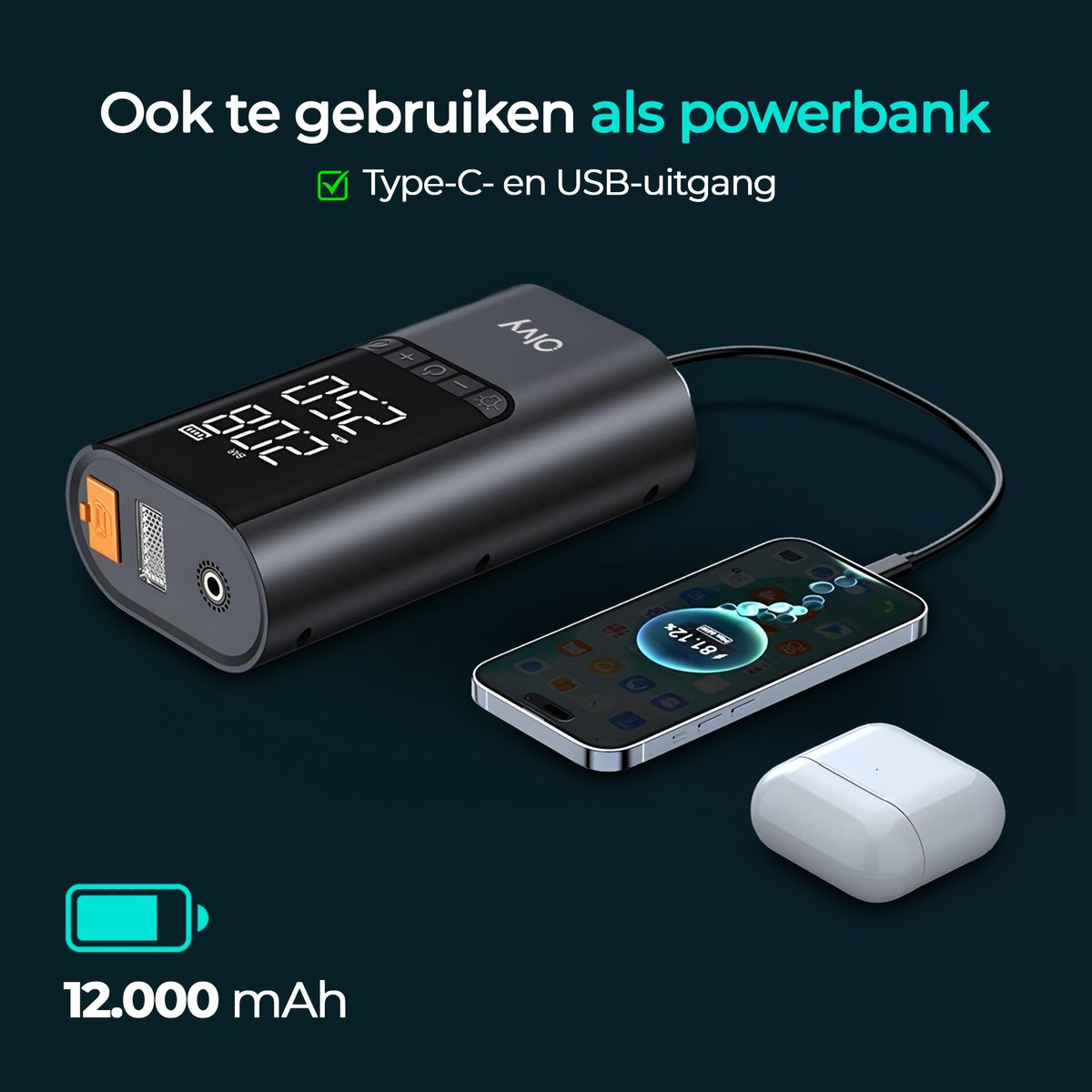 Zwarte powerbank laadt smartphone en AirPods op; 12.000 mAh.