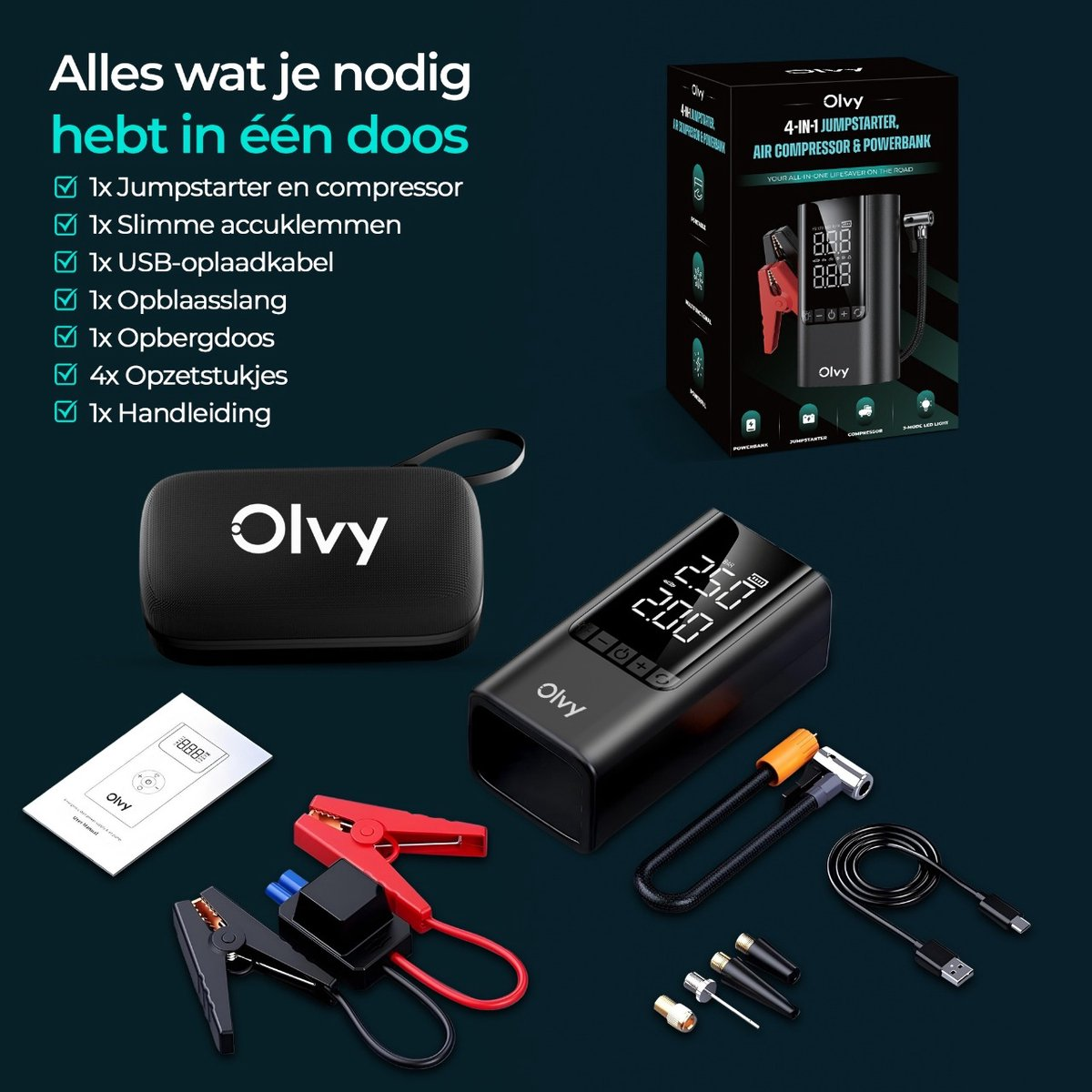 Een Olvy 4-in-1 jumpstarter, compressor en powerbank met accessoires.