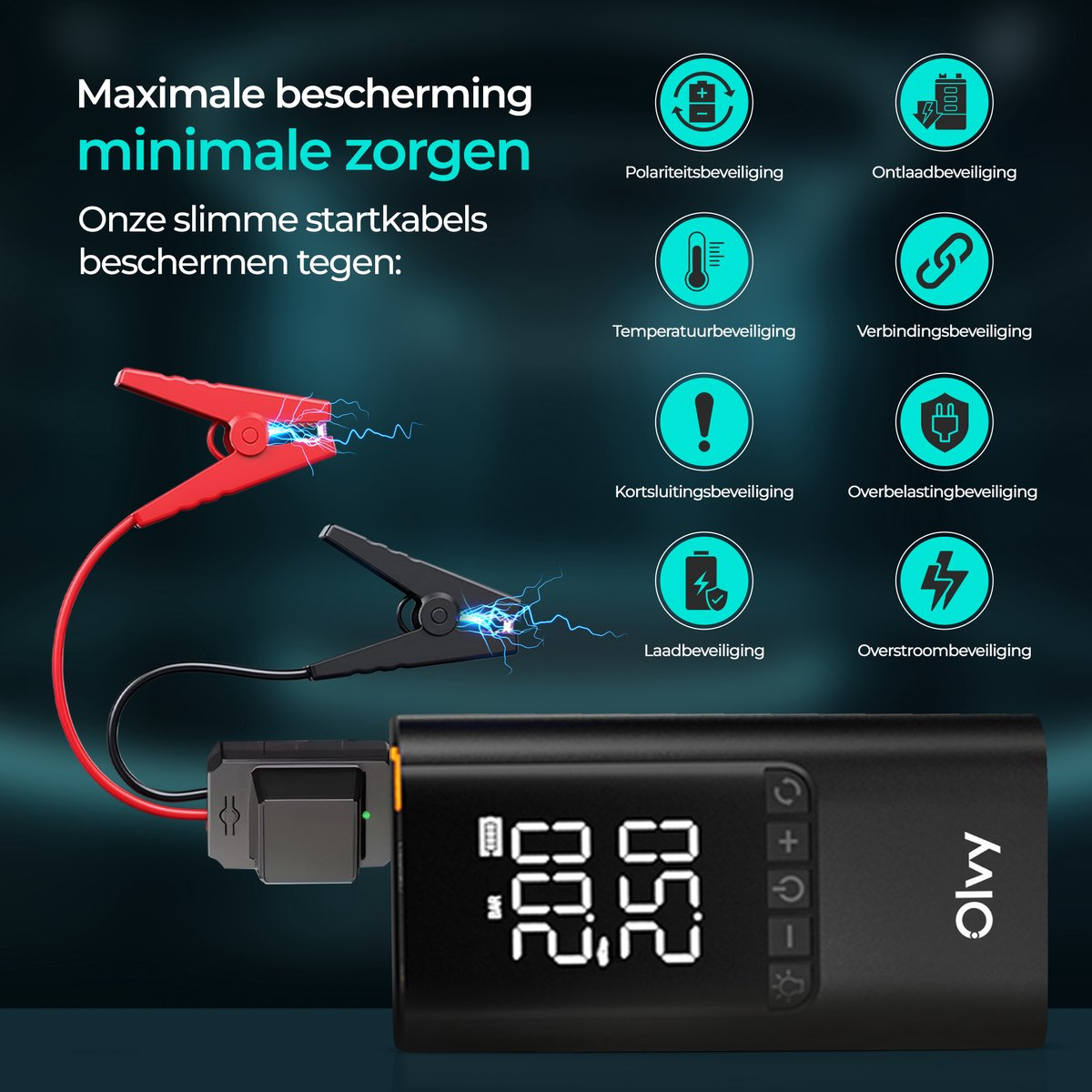 Startkabelklemmen verbonden met een zwart apparaat met digitaal display. Iconen tonen beveiligingsfuncties.